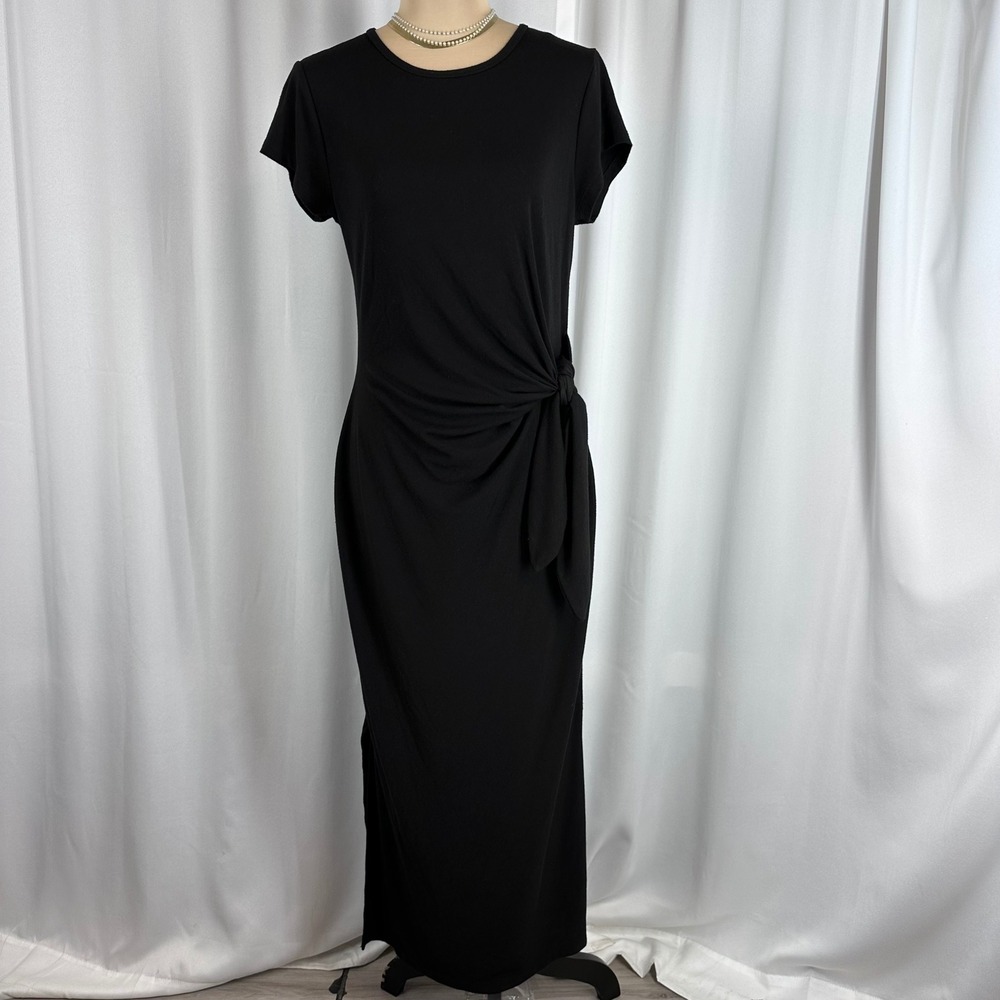 Magaschoni Womens Black Side Knot Maxi Dress Short Sleeve Crew Neck Medium‎